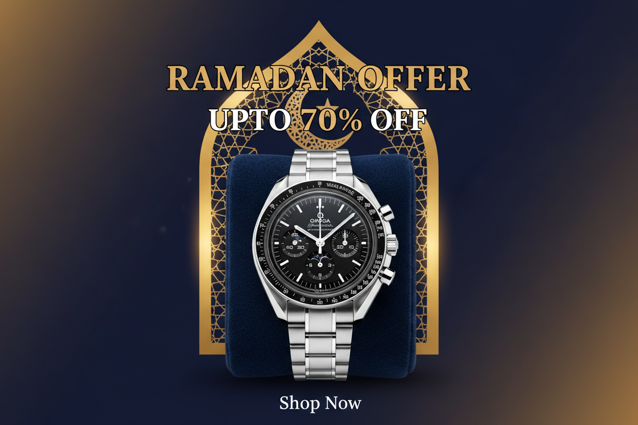 mujhy shopify ka banner bana do jis ksi famous brand ki ghari lagi ho or us me likha ho RAMADAN OFFER UPTO 70% OFF