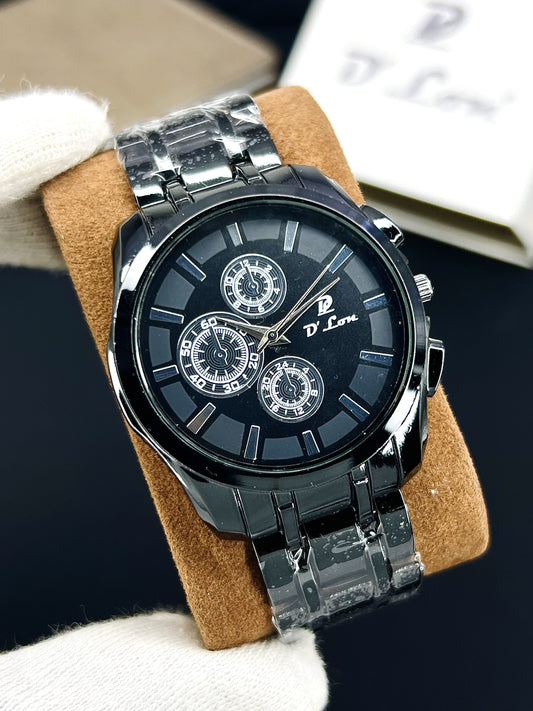 D. Lon Luxury Men’s Black Chronograph Watch – Stainless Steel Chain, Wrist Watch for Men