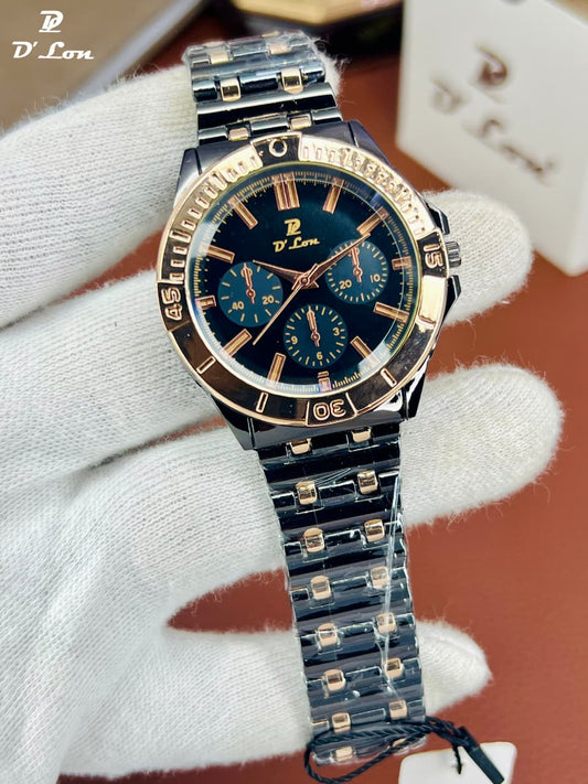 D. Lon Luxury Men’s Chronograph Watch – Stainless Steel Chain, Roman Dial, Wrist Watch for Men