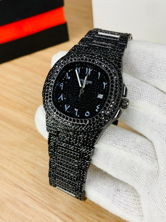 Luxury Black Iced-Out Style Watch | Full Black Stone Design with Date Display