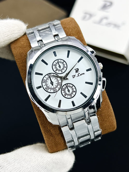 D. Lon Luxury Men’s Black Chronograph Watch – Stainless Steel Chain, Wrist Watch for Men