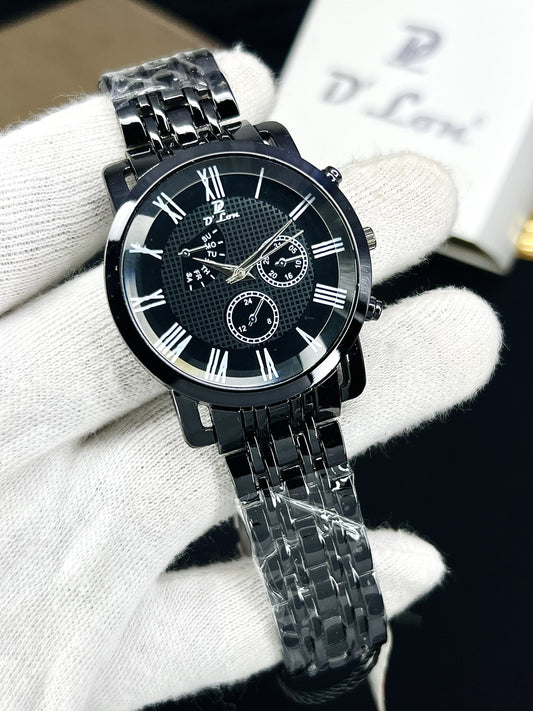 D. Lon Luxury Men’s Black Chronograph Watch – Stainless Steel Chain, Roman Dial, Waterproof Wrist Watch for Men