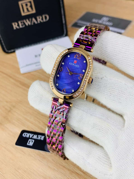 Reward Women’s Luxury Oval Watch , Crystal Bezel, Multicolor Stainless Steel Bracelet