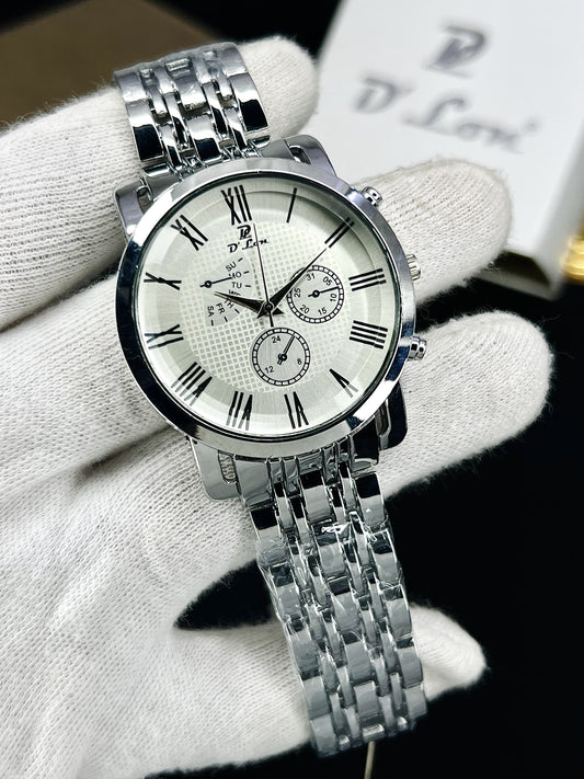 D. Lon Luxury Men’s Black Chronograph Watch – Stainless Steel Chain, Roman Dial, Waterproof Wrist Watch for Men